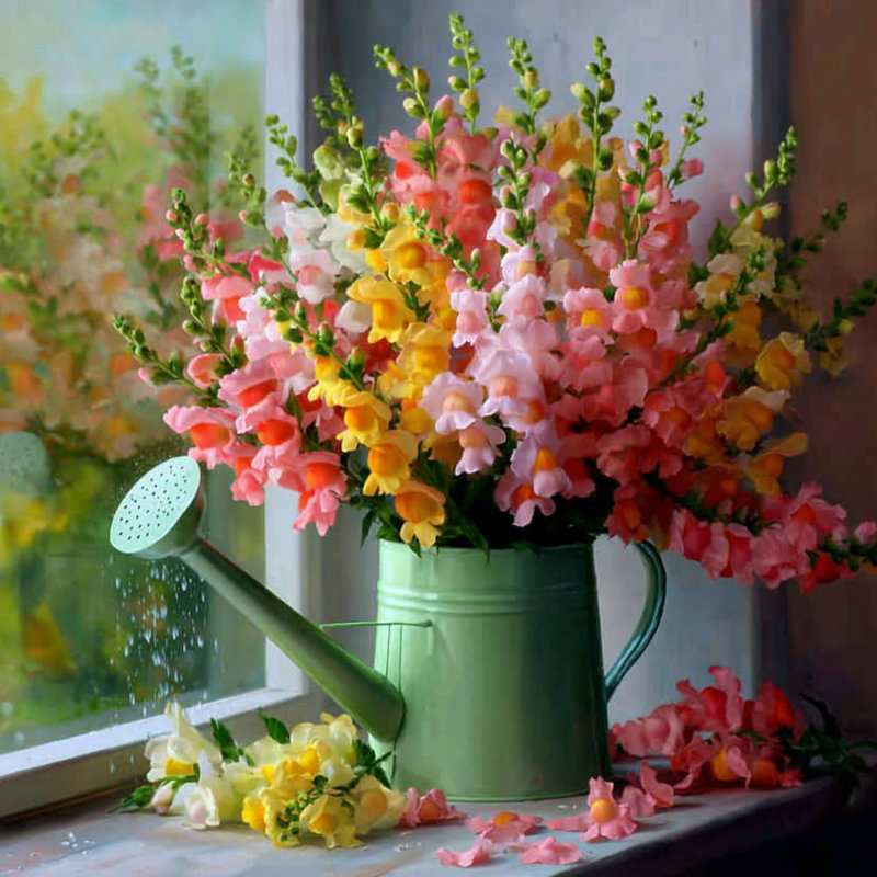 Art mural sur toile Floral Awakening - Spring Snapdragons in Watering Can, H 30 po x l 30 po