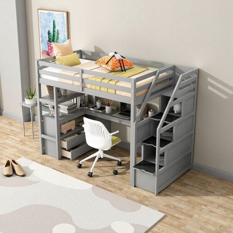Lit mezzanine simple avec bureau intégré, tablettes, 2 tiroirs de rangement et escalier, blanc - conception en bois de pin peu encombrant