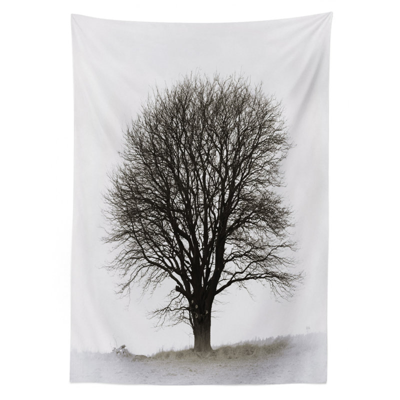 Grey Tablecloth, Photo Of A Big Tree On A Field Branches Fall Season Monochromic Landscape Artwork, Rectangular Table Cover For Dining Room Kitchen Decor, 52" X 70",