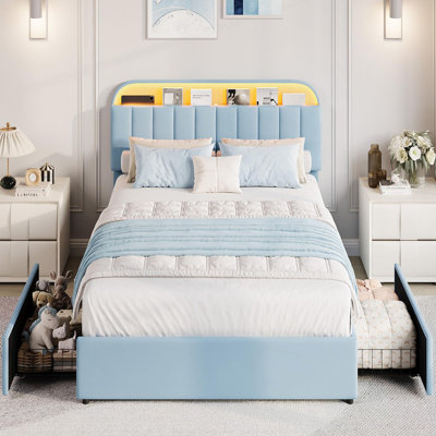 Full Storage Bed Frame with Upholstered Headboard, 2 Drawers & LED Glow, Sturdy Platform, No Box Spring,