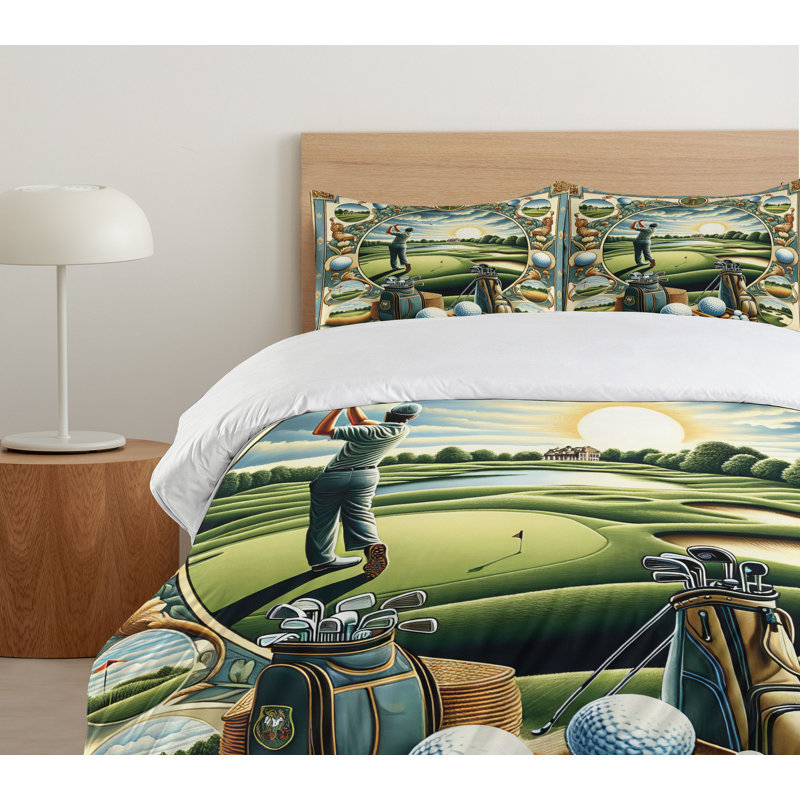 Golf Themed Duvet Cover, California King Duvet Cover + 2 Standard Shams