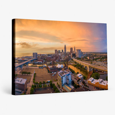 Cleveland Skyline Sunset Pano — Landscape Canvas Wall Art