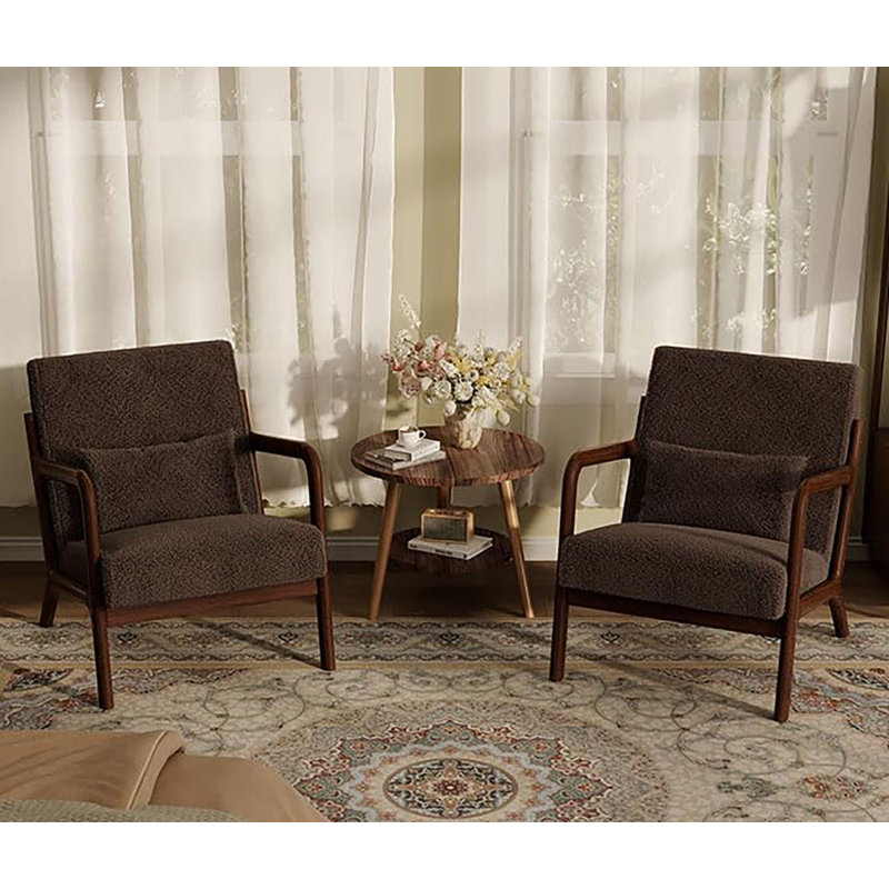 Ensemble de 2 chaises d'appoint Mid-Century, fauteuil rembourré, coussin lombaire, structure en bois robuste, Polyester brun