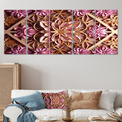 Or et fleur de lotus géométrique rose - art mural floral moderne pour le salon 5 pièces