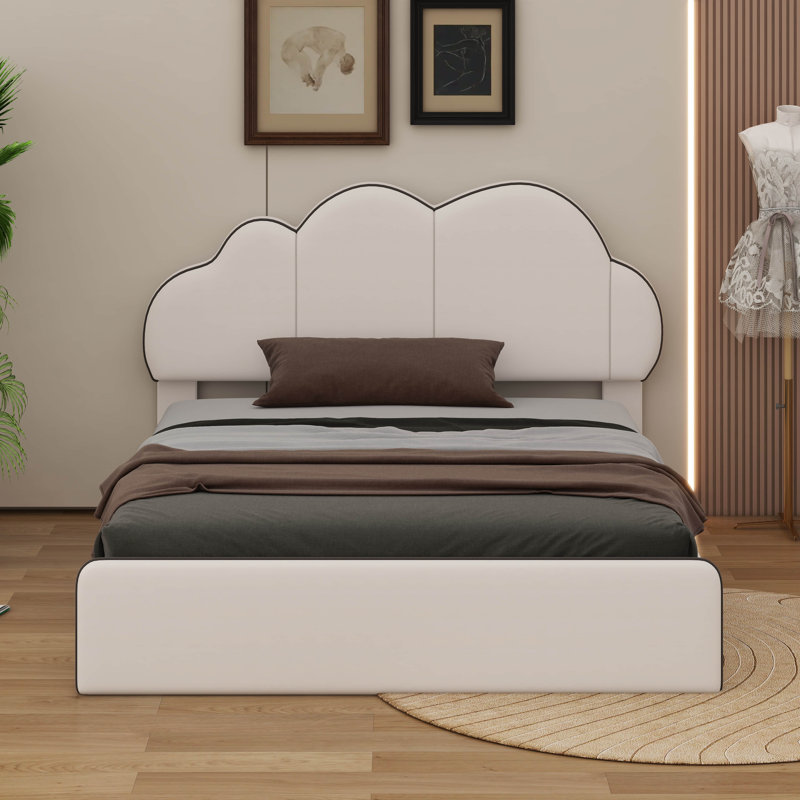 Grand lit plateforme tapissier avec tête de lit en forme de nuage, Beige