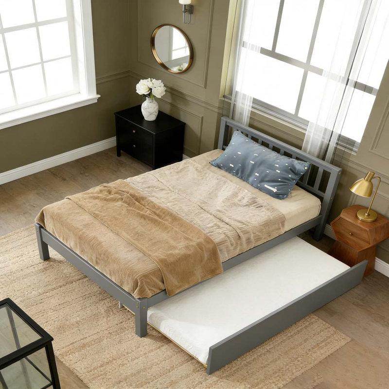 Lit simple avec lit gigogne, cadre de lit plateforme avec tête et pied de lit, gris