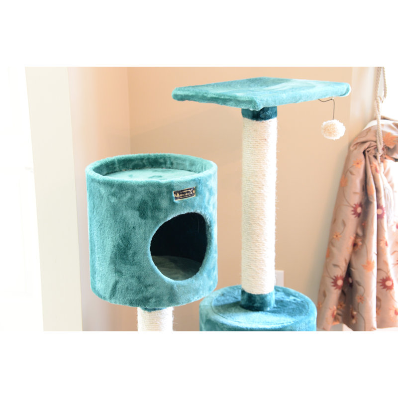 Dark Green Faux Fur and Sisal Cat Tree with Playhouses