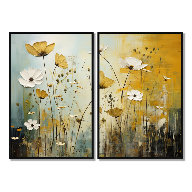 «Whispering Meadows II - Abstract Collages», ensemble de 2 impressions sur toile, Impression encadrée flottante, Noir