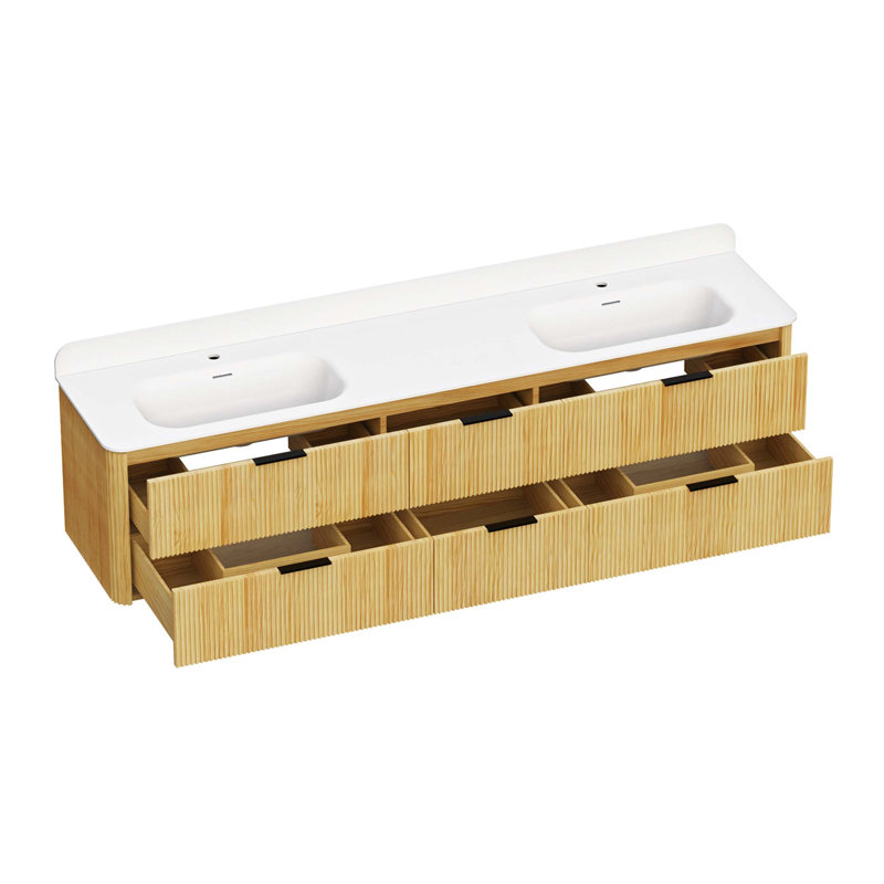 Fluted Solid Wood Bathroom Vanity with Integrated Sink and Storage