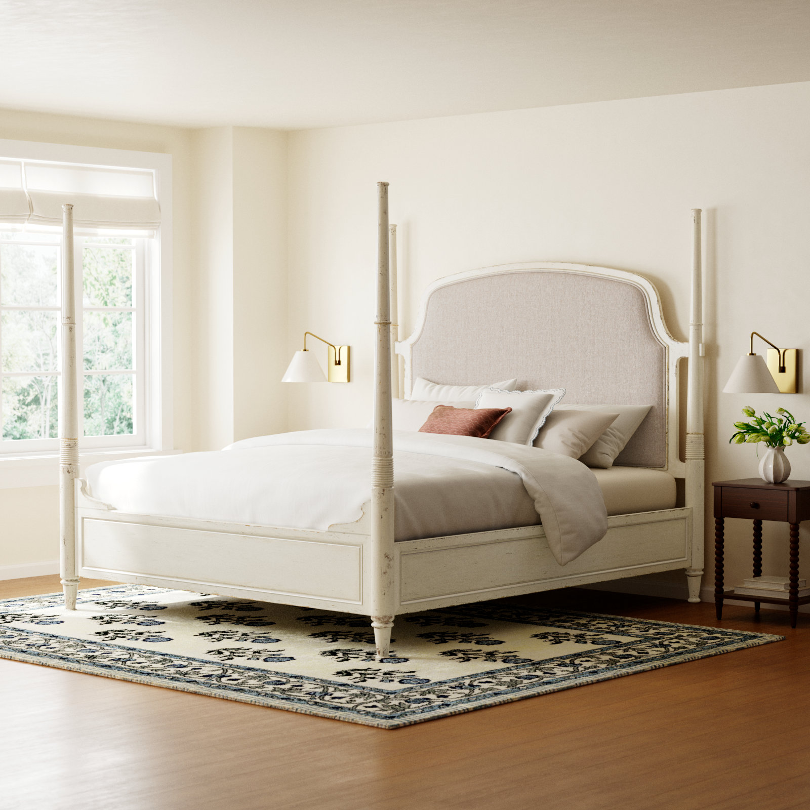 Alcy Upholstered Four Poster Bed, King, Cream/Beige