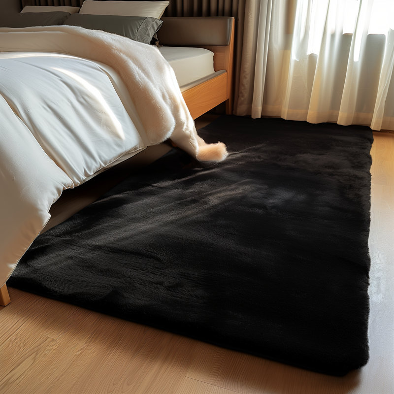 Cozy Faux Rabbit Fur Area Rug Machine Washable Rug in Black, Rectangle 5' x 8'