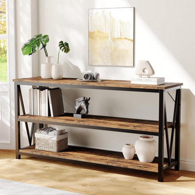 55" Wooden Fluted Console Table, 3-Tier Sofa Table for Entryway & Living Room Behind Couch