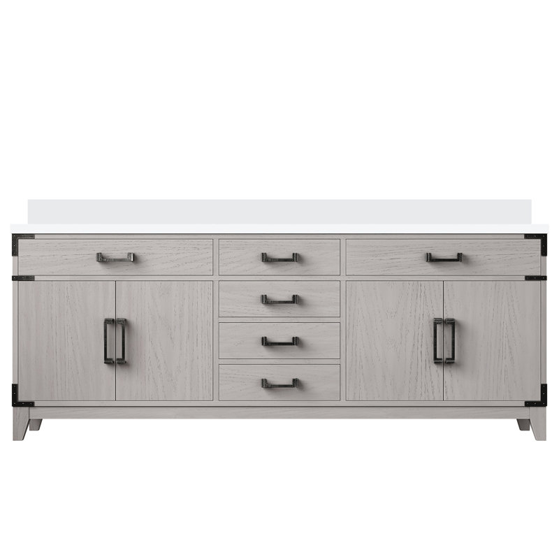 Meuble-lavabo double en bois massif 80 po, comptoir en quartz blanc, comptoir intégré X 22, bois, boîte
