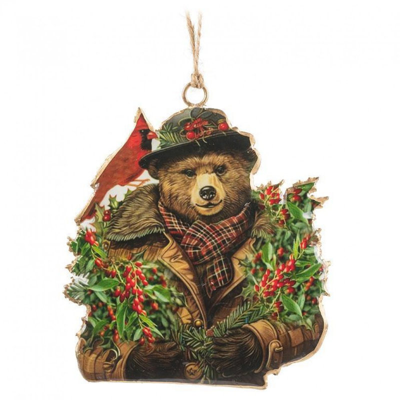 Bear In Coat & Hat With Cardinal Ornament