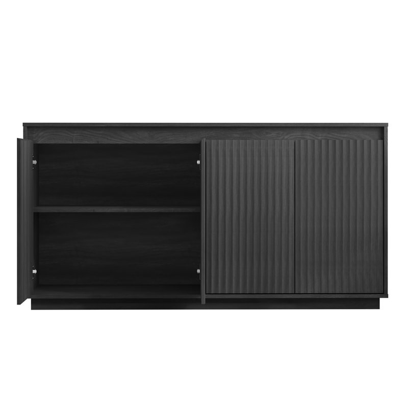 4 Door Black Wood Sideboard Buffet Cabinet with Power Outlet, Wavy Vertical Texture Accent Cabinet with No-Handle Design (Door Top Edge as Handle), Freestanding Kitchen Storage Cabinet for Dining Room