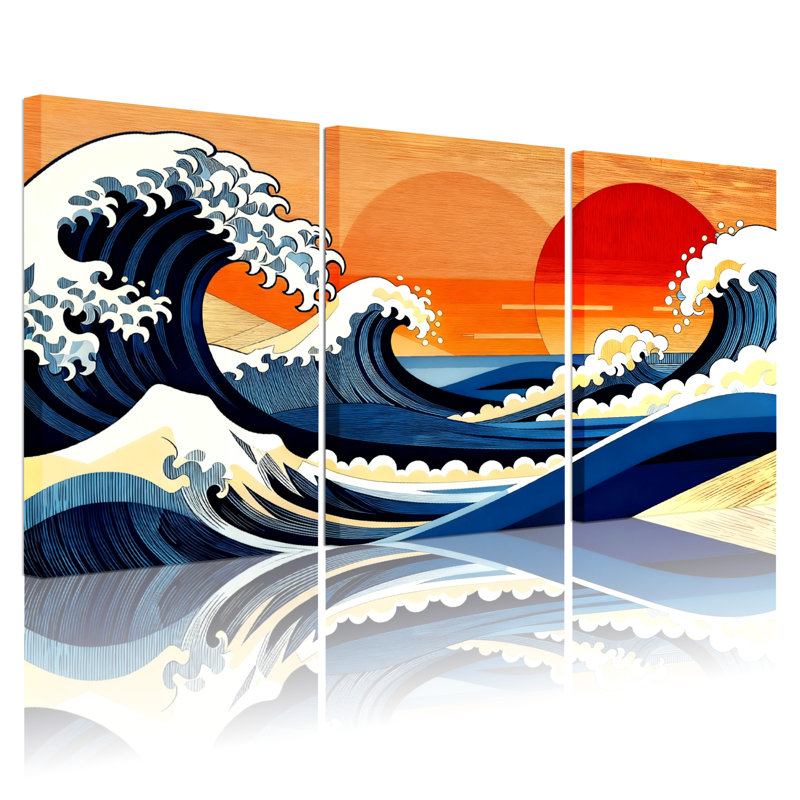 «Nautical & Beach Wave Sunset Mountain Ocean Reflection», ensemble de 3 impressions sur toile, H 24 po x l 48 po