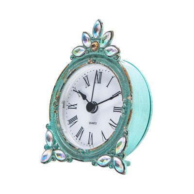 Vintage Pewter Quartz Mini Table Clock With Crystal Shining Rhinestone, 2.87 X 1.37 X 3.87 Inches, Aqua