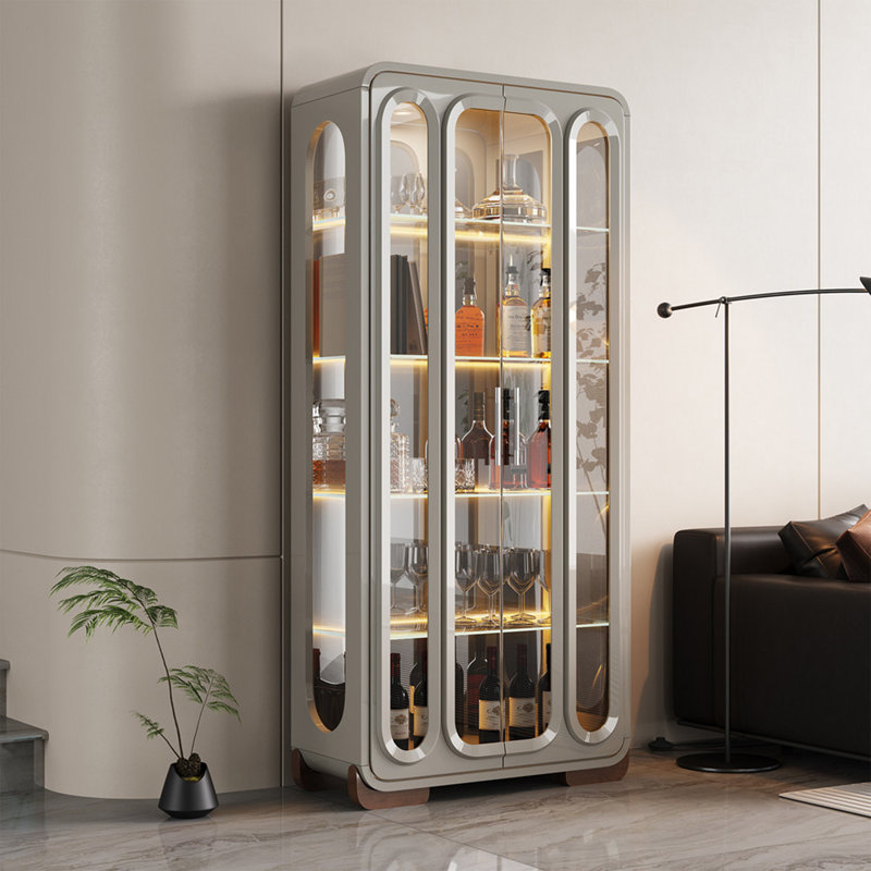 Armoire à vin 35,83 po à double porte vitrée laquée gris clair minimaliste, présentoir à vin rouge avec éclairage à DEL pour le salon