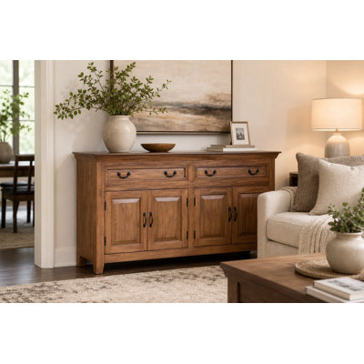 Buffet en bois massif de 69 po Jamya, finition noyer clair, armoire de rangement