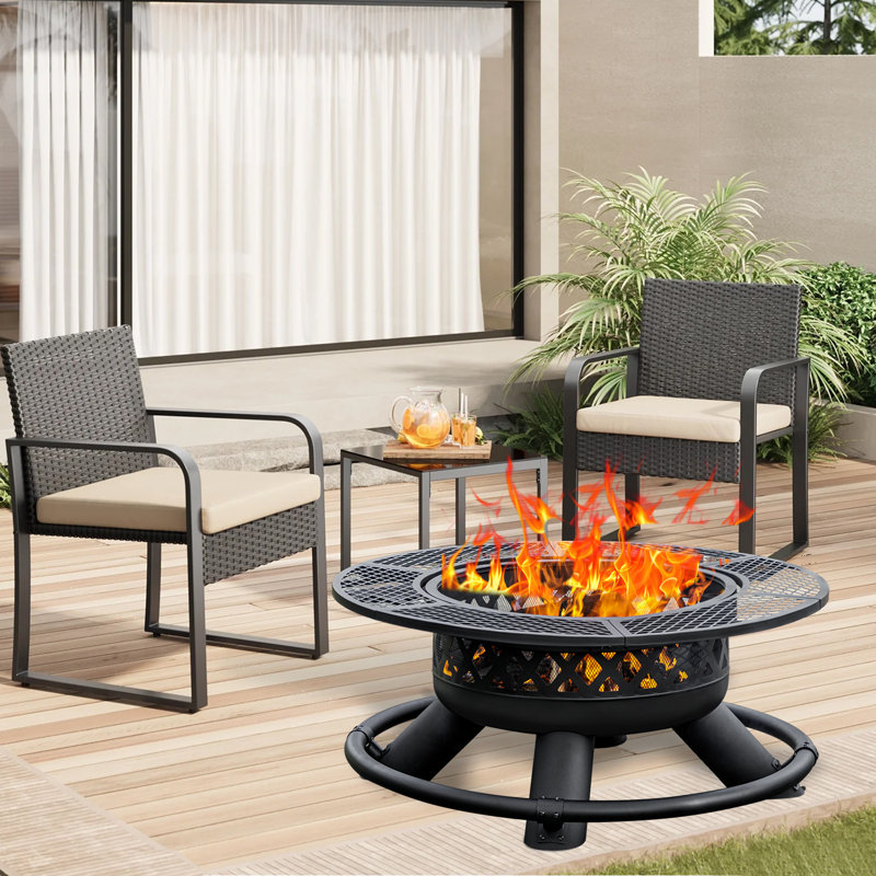 47" Large Outdoor Wood Burning Fire Pit with Grill and Lid