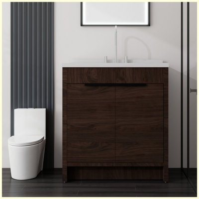 36 meuble-lavabo autoportant avec lavabo 36 po, comptoir et dosseret en marbre blanc de Carrare de 2 po, porte en contreplaqué à fermeture en douceur, brun
