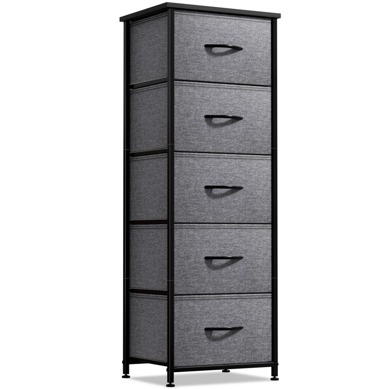 Sorbus Narrow 5 Drawers Nightstand - Steel Frame, Wood Top, Fabric Bins - Black, Black