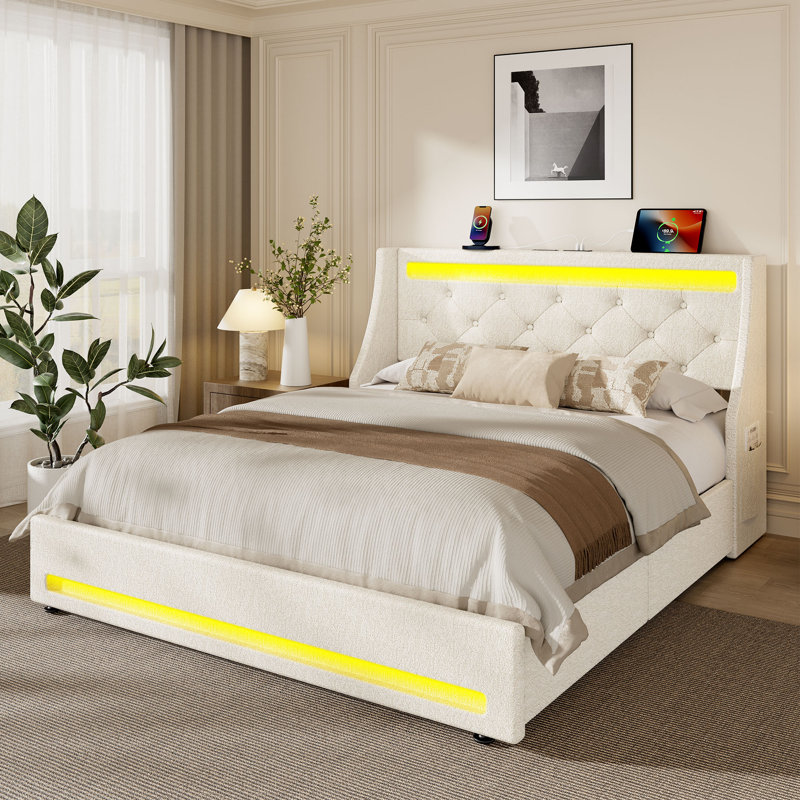 Upholstered Platform Bed Frame with Wingback Headboard & LED Lights& 4 Storage Drawers, White, Queen