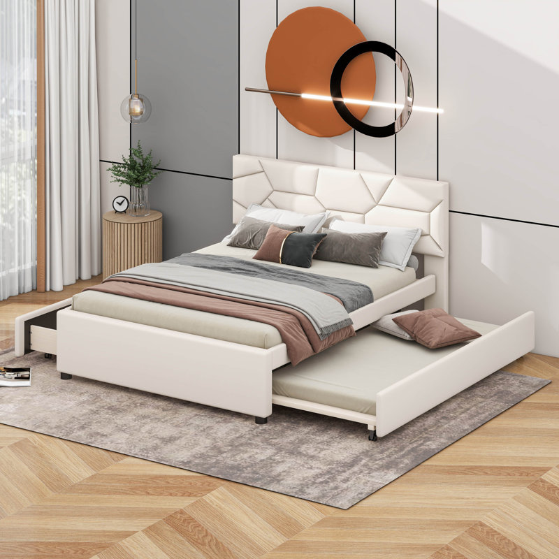 Grand lit avec lit gigogne et tiroirs, Beige