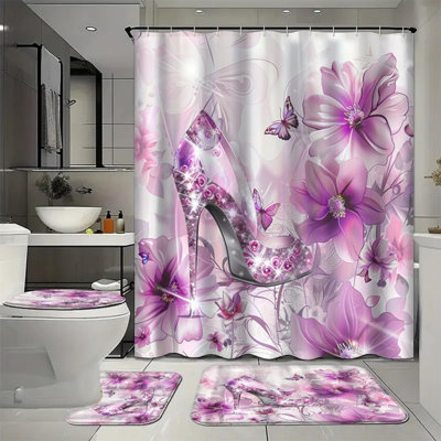 Ensemble 4 pièces de rideaux de douche mauve à motif floral