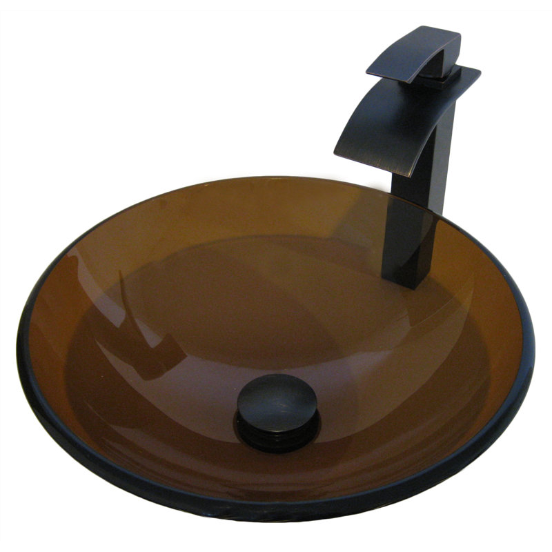 Novatto 16.5'' Clear And Brown Glass Circular Bathroom Sink with Faucet