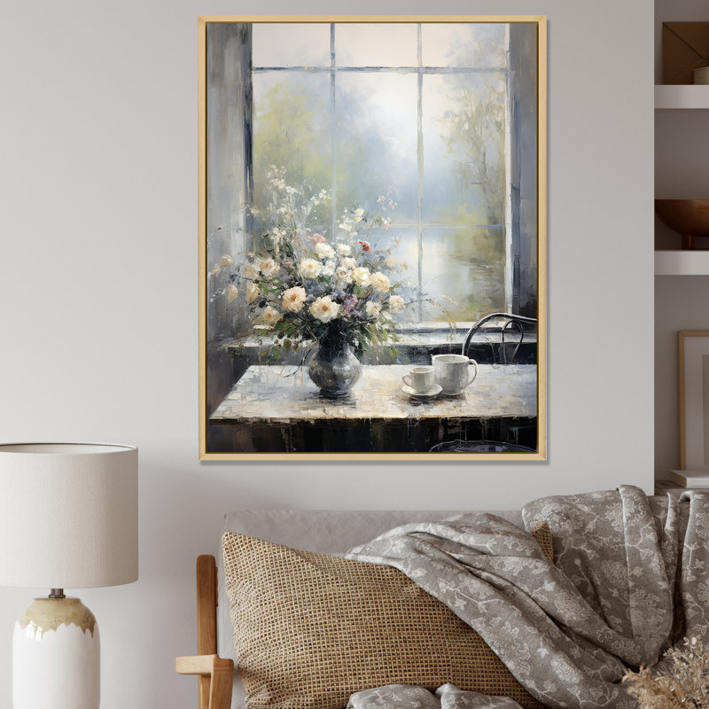 «Grey Misty River Window View I - Farmhouse Windows», art mural, Cadre flottant brun, 32" H x 16" W