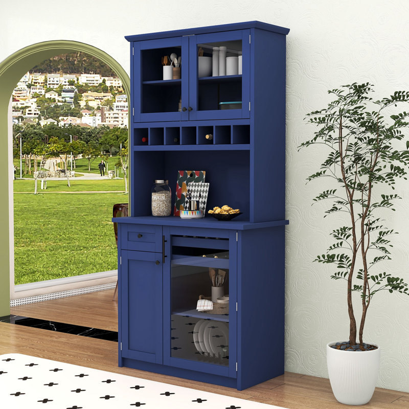 Garde-manger autoportant en bois avec portes en verre trempé, tablettes réglables et porte-bouteilles, Bleu