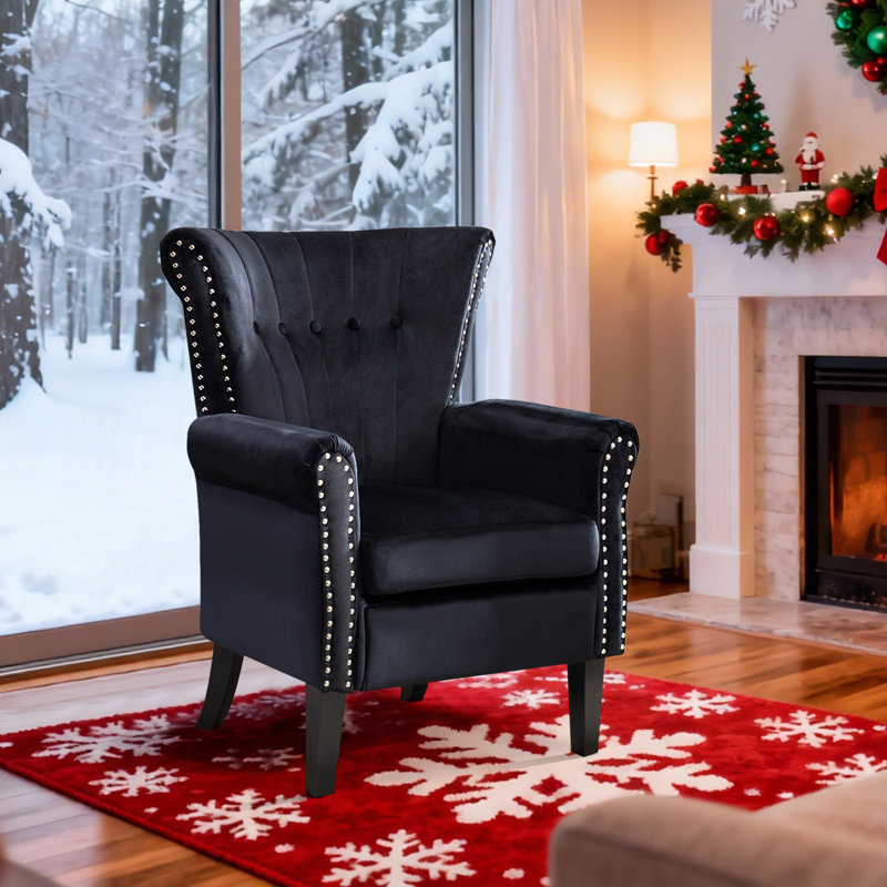 Accent Chair Upholstered Tufted Wingback With Nailhead Around For Room, Black Velvet