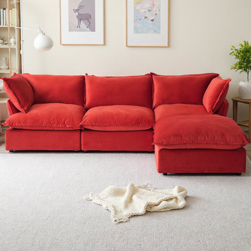 Canapé modulaire en forme de L en velours avec repose-pieds avec rangement, canapé 4 places Cloud avec rembourrage en duvet et mousse, housses amovibles pour animaux de compagnie pour le salon