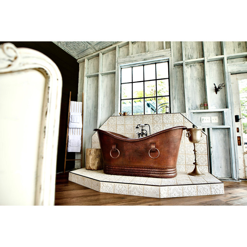 67" Hammered Copper Double Slipper Bathtub With Rings, Glazed White/Polished Copper