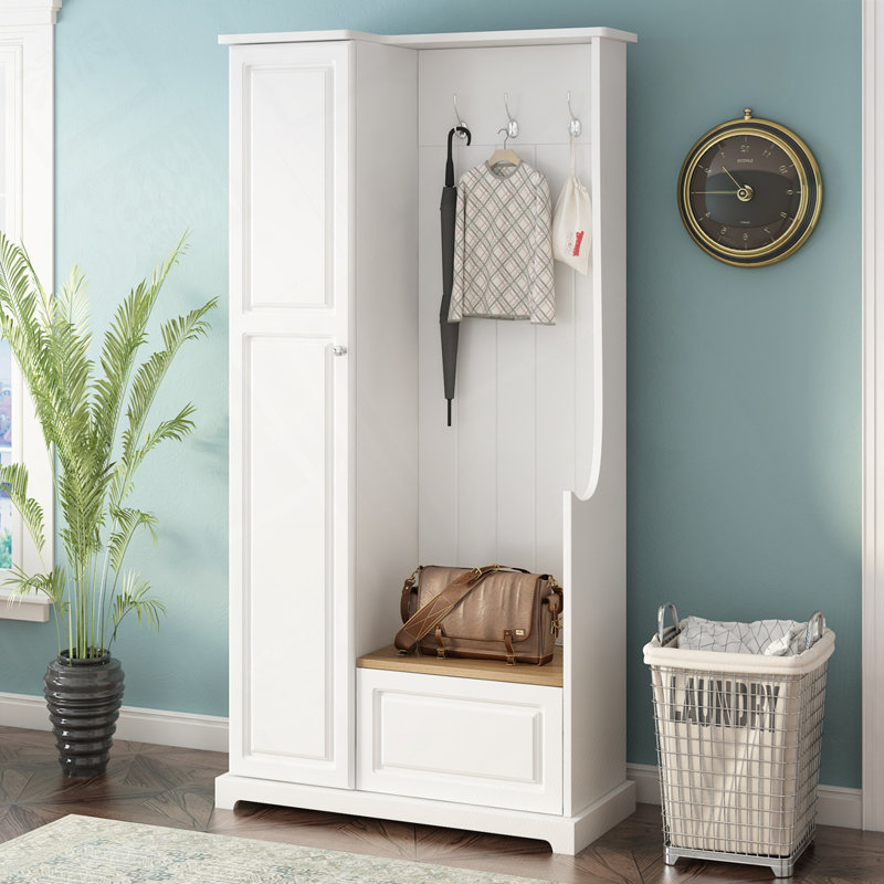 Arbre d'entrée avec banc rabattable, armoire avec tablettes réglables, Blanc