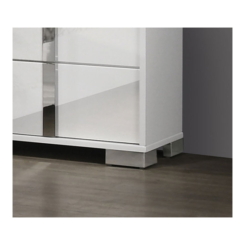 Commode de chambre contemporaine blanche avec finition UV - Pieds chromés, poignées verticales et meubles de rangement à roulement à billes