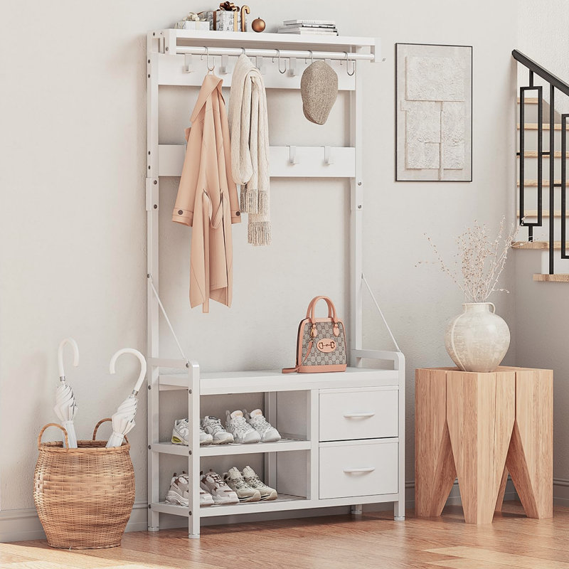 31.5” Freestanding Entryway Bench with Coat Rack, Shoe Bench and Wall Rack Combo with 17 Hooks and Drawers, White