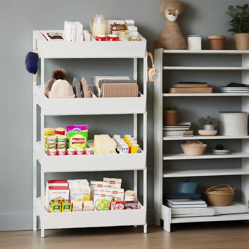 Étagère de rangement autoportante à 4 niveaux à 4 niveaux avec crochets latéraux pour garde-manger à domicile et pour la vente au détail
