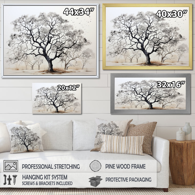 Minimalisme, arbres en chêne noir et blanc III sur toile, Cadre photo noir simple, H 12 po x l 20 po x P 1 po