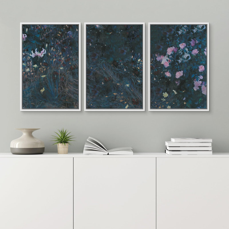 «Enchanted Garden At Midnight», 3 pièces sur toile, Cadre flottant blanc, H 24 po x l 48 po