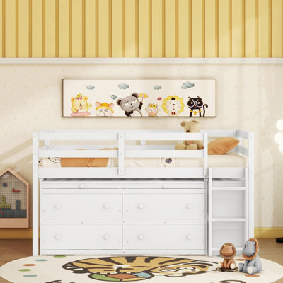 Lit mezzanine simple en bois avec bureau d'écriture rétractable, 4 tiroirs et tablettes latérales, parfait pour un usage peu encombrant et multifonctionnel