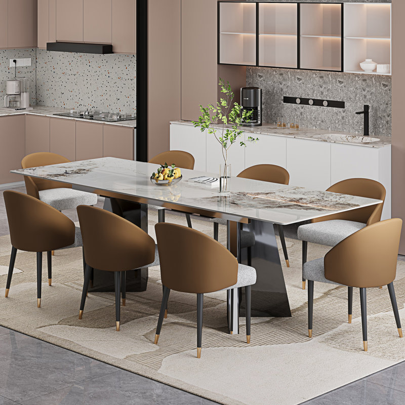 Ensemble de table de salle à manger 9 pièces en faux marbre avec plateau rectangulaire extensible en fritté de 94,5 po et 8 chaises en similicuir