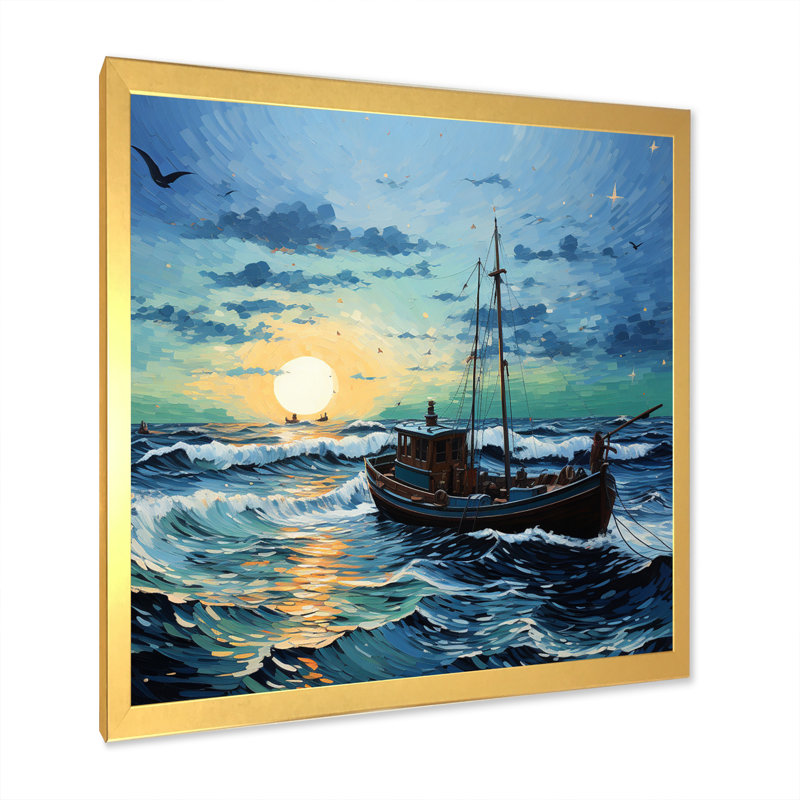 Vangogh paysage marin avec pêche II, H 16 po x l 16 po x P 1 po, Cadre doré à une seule photo