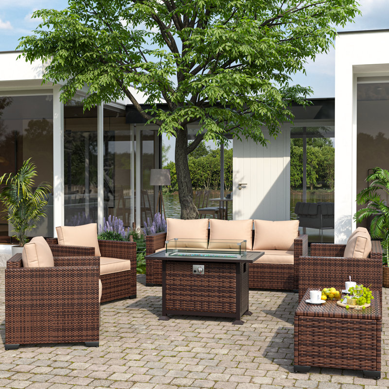 Azoriah 7 Person Outdoor Seating Group with Fire Pit Table, Beige