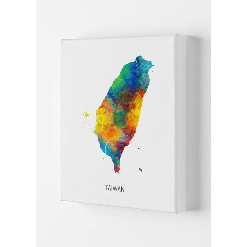 Taiwan Watercolour Map by Michael Tompsett - Print, 59.4cm H x 42cm W x 4cm D, Wrapped Canvas