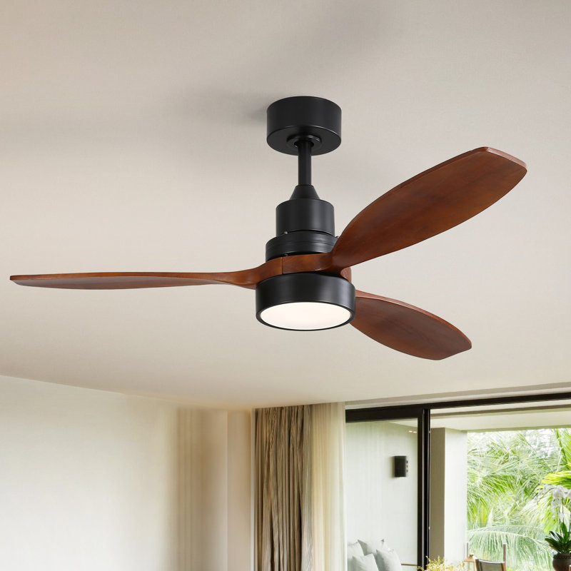 52" Nicola 3 - Blade LED Propeller Ceiling Fan with Remote Control and Light Kit Included, Matte Black with Brown Blades