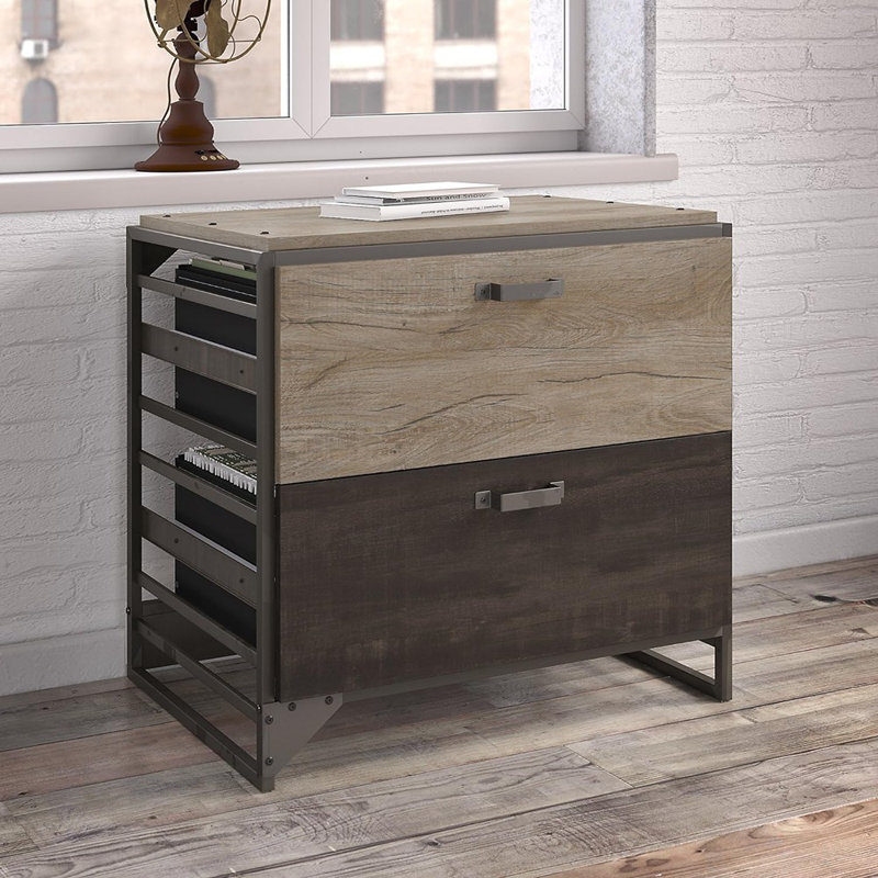 Classeur latéral à 2 tiroirs Siena, Gris rustique / bois brûlé