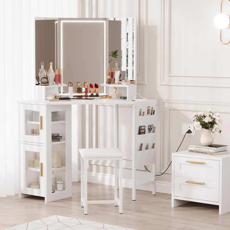 Ensemble de coiffeuse de coin avec tabouret et miroir, grande coiffeuse avec rangement, ensemble de coiffeuse de maquillage pour petit espace de chambre