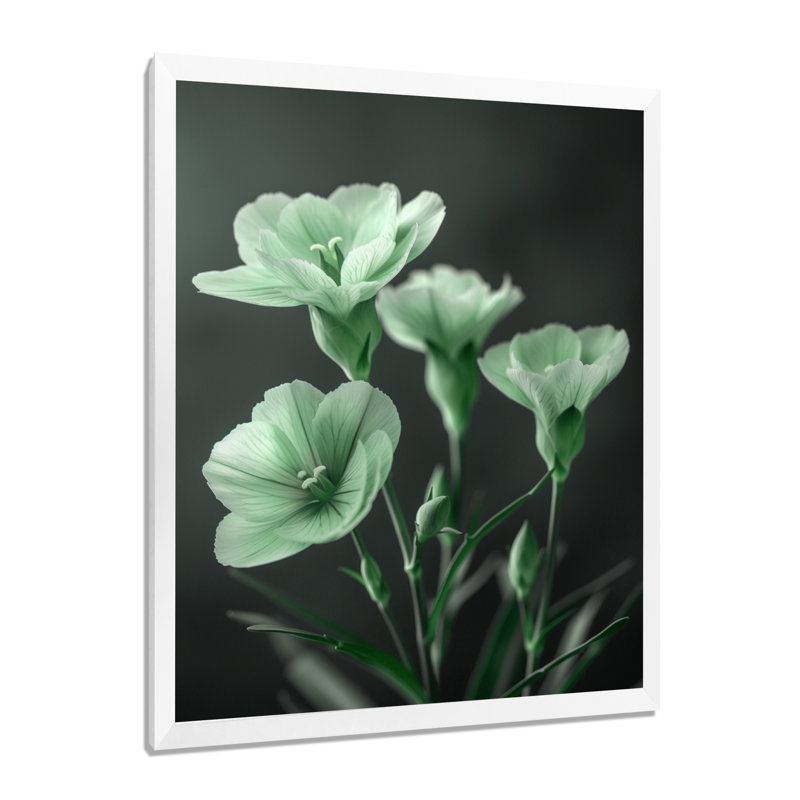 «Monocrhome Green Greey Romantic Carnations Glow», reproduction d'art mural, Toile encadrée blanche avec une seule photo